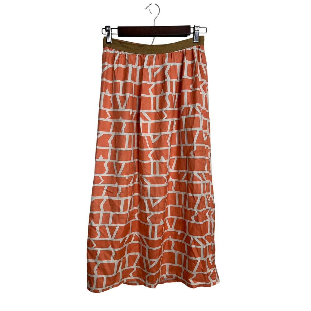 Dusen Dusen Geometric Grid Print Midi Skirt size XS Coral Peach Ivory
